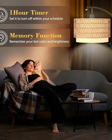 PESRAE Boho Farmhouse Rattan Floor Lamps for Living Room with Remote Control Stepless Dimmable Bulb,Standing Floor Lamp with 360°Adjustable Rattan Lampshade for Living Room, Bedroom,Office - LeafyLoom
