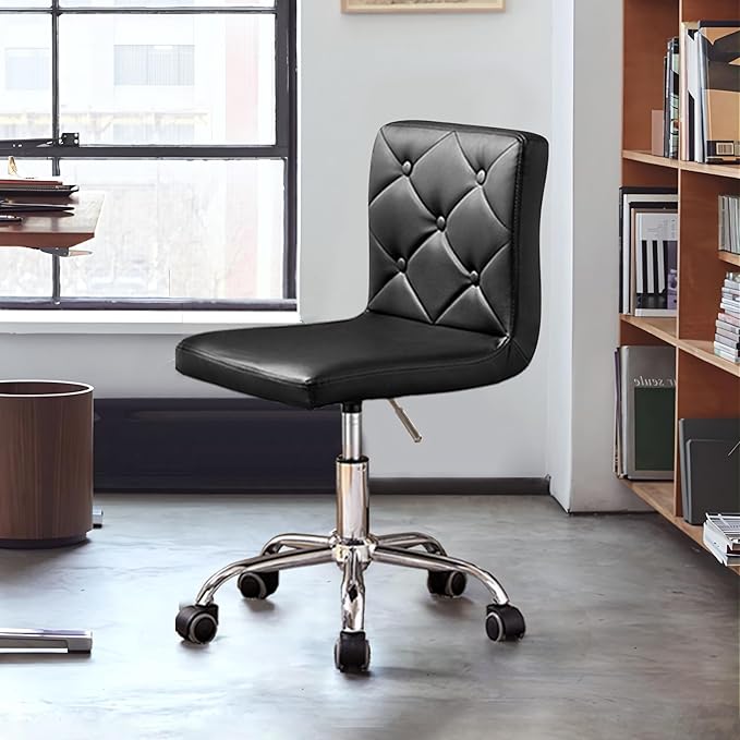 VECELO PU Leather Mid-Back Armless Desk Chair Adjustable Height 360° Rolling Swivel for Home Office Work, Black - LeafyLoom