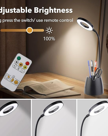 Desk Lamp, Desk Lamps for Home Office, Touchable, Remote Controlled, Dimmable, 3 Color Modes, Gooseneck, Black Table Light for Bedrooms, Led Desk Light, Small Office Lamp, Dorm Room Essentials - LeafyLoom