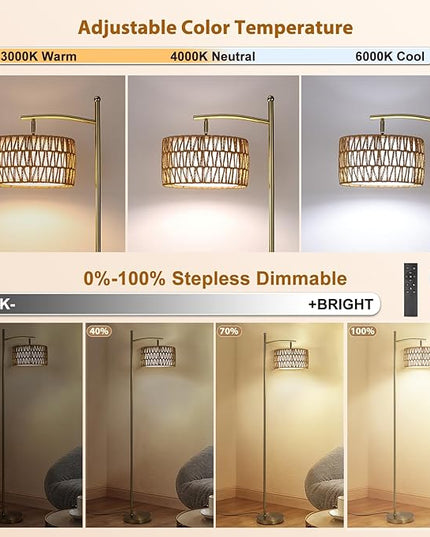 Rattan Floor Lamps for Living Room, Gold Arc Floor Lamp Dimmable with Rattan& Linen Double Shades, Boho Standing Lamp with Remote Control, Tall Lamp for Bedroom, Office - LeafyLoom