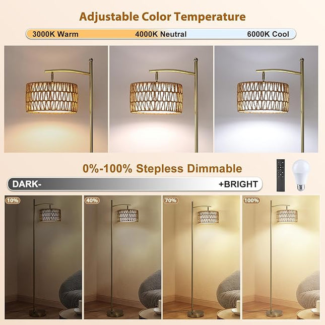 Rattan Floor Lamps for Living Room, Gold Arc Floor Lamp Dimmable with Rattan& Linen Double Shades, Boho Standing Lamp with Remote Control, Tall Lamp for Bedroom, Office - LeafyLoom