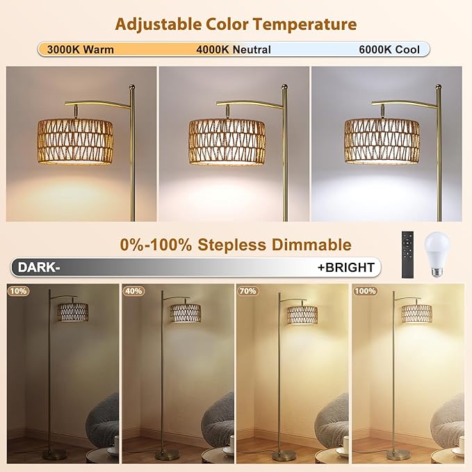 Rattan Floor Lamps for Living Room, Gold Arc Floor Lamp Dimmable with Rattan& Linen Double Shades, Boho Standing Lamp with Remote Control, Tall Lamp for Bedroom, Office - LeafyLoom