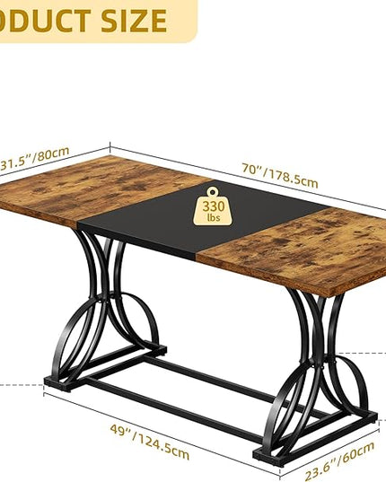 DWVO 70.3" Large Farmhouse Dining Table for 6-8 People, Rectangular Rustic Brown Kitchen Dining Room Table Industrial Wood Style with Heavy Duty Metal Legs, Apartment Dinette Tables for Eating Dinner - LeafyLoom