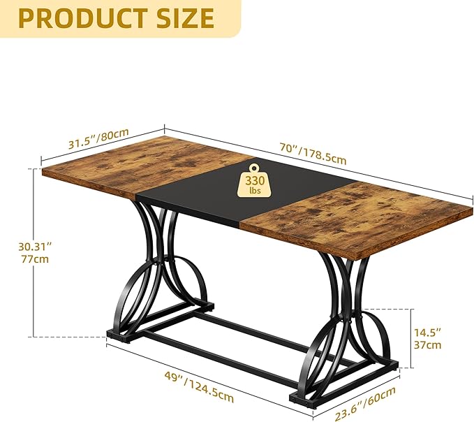 DWVO 70.3" Large Farmhouse Dining Table for 6-8 People, Rectangular Rustic Brown Kitchen Dining Room Table Industrial Wood Style with Heavy Duty Metal Legs, Apartment Dinette Tables for Eating Dinner - LeafyLoom