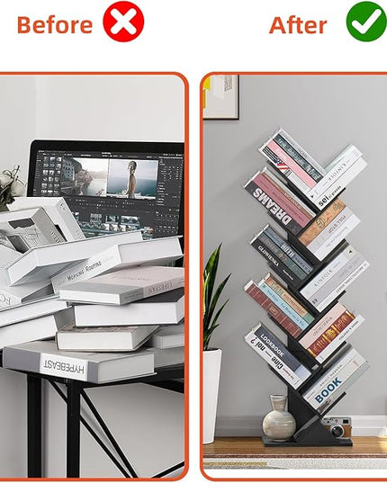 10 Tier Tree Book Shelf, Floor Standing Wood Bookshelf for Narrow Space, Storage Organizer Bookshelves for Books/CDs/Magazine, Bookcase with Shelves for Home Office, Living Room - Black - LeafyLoom