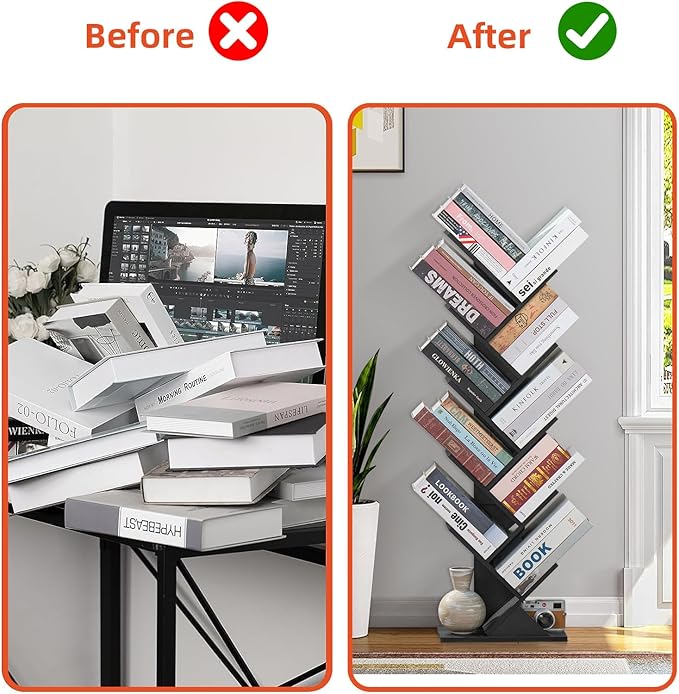 10 Tier Tree Book Shelf, Floor Standing Wood Bookshelf for Narrow Space, Storage Organizer Bookshelves for Books/CDs/Magazine, Bookcase with Shelves for Home Office, Living Room - Black - LeafyLoom