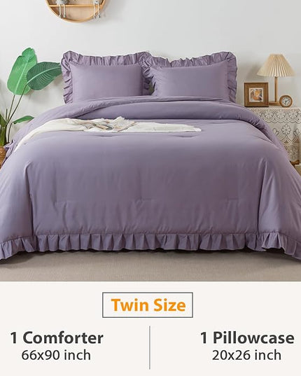 Andency Grayish Purple Ruffle Comforter Set Twin, 2 Pieces Kids Comforter Set Twin(66x90Inch), Lightweight Soft Shabby Chic Bedding Comforter Sets All Season Bed Set for bedrooms - LeafyLoom