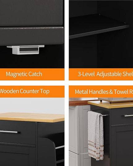 Shintenchi Small Kitchen Island on Wheels with 3-Tier Side Spice Rack and Rubber Wood Top, Trolley Cart with Storage Cabinet & Drawer and Handle/Towel Rack, Black - LeafyLoom