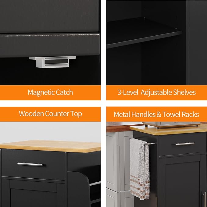 Shintenchi Small Kitchen Island on Wheels with 3-Tier Side Spice Rack and Rubber Wood Top, Trolley Cart with Storage Cabinet & Drawer and Handle/Towel Rack, Black - LeafyLoom