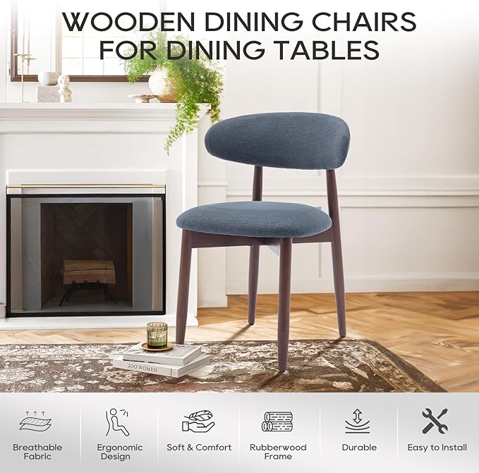 COLAMY Wooden Dining Chairs Set of 2, Modern Fabric Upholstered Kitchen Side Chairs, Farmhouse Dining Room Chair with Foot Pegs, Blue - LeafyLoom