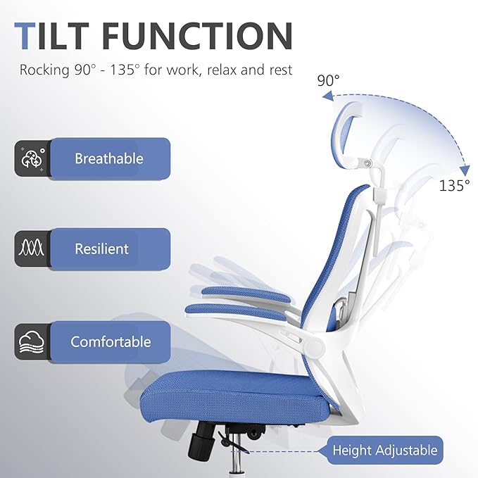 Office Chair with 350LBS Capacity,Ergonomic Comfy Home Desk Chair,High Back Gaming Chair with Wheels,Mesh Computer Chair,Lumbar Support, Adjustable Headrest,Flip-up Armrest - LeafyLoom