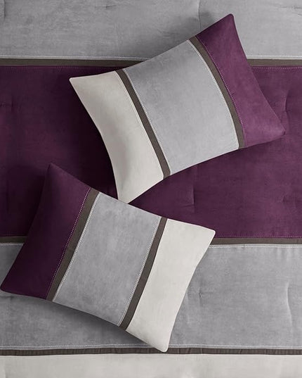 Madison Park Palisades Comforter Set Modern Faux Suede Pieced Stripe Design, All Season Down Alternative Cozy Bedding with Matching Shams, Decorative Pillows, King(104"x92"), Purple 7 Piece - LeafyLoom