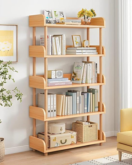 5-Tier Wooden Open Bookcase - Modern Display Bookshelf with Top Edge and Solid Wood Frame for Home and Office, Storage Cabinet, Oak - LeafyLoom