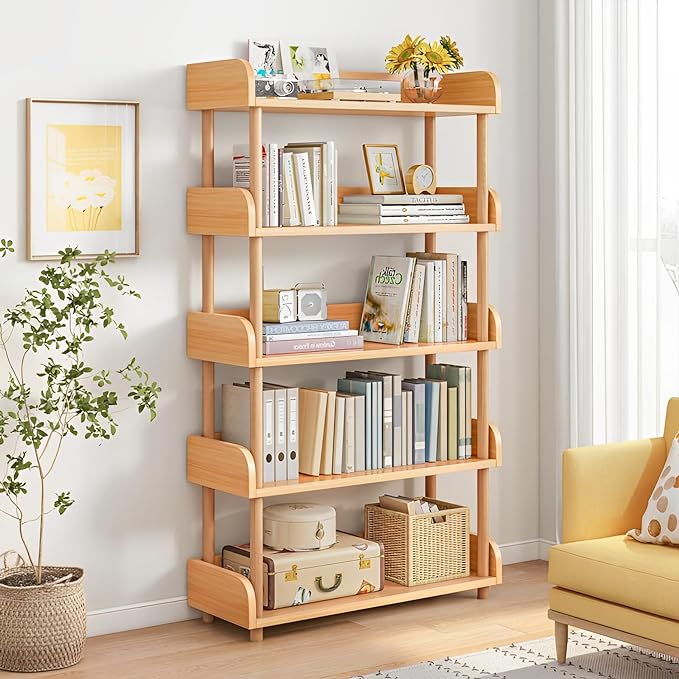 5-Tier Wooden Open Bookcase - Modern Display Bookshelf with Top Edge and Solid Wood Frame for Home and Office, Storage Cabinet, Oak - LeafyLoom