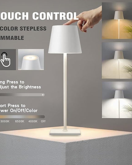 Lewoncci 2 Pack Cordless Table lamp,5200mAh Battery Operated Lamp,3 Color Stepless Dimming Desk Lamp,IP54 Waterproof Outdoor Table Lamps for Restaurant/Bedroom/Bars/Outdoor Party (White-2) - LeafyLoom