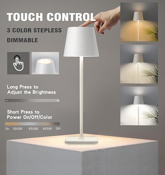 Cordless Table Lamp,5200mAh Battery Operated Lamp,IP54 Outdoor Table Lamp Waterproof,3 Color Stepless Dimming for Restaurant/Bedroom/Bars/Outdoor Party/Camping/Coffee Shop(White-1) - LeafyLoom