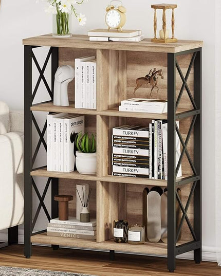 FATORRI Rustic 6 Cube Storage Organizer Shelf, Wood and Metal Cubby Bookcase, Industrial 4 Tier Cube Bookshelf (Rustic Oak) - LeafyLoom