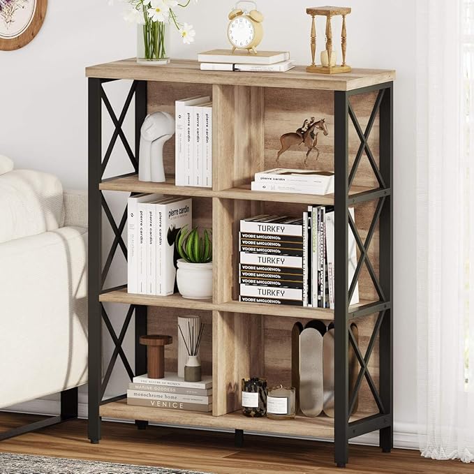 FATORRI Rustic 6 Cube Storage Organizer Shelf, Wood and Metal Cubby Bookcase, Industrial 4 Tier Cube Bookshelf (Rustic Oak) - LeafyLoom