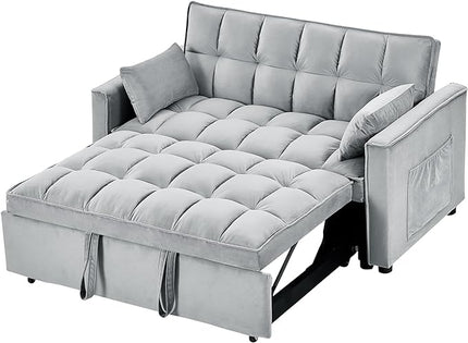 Full Size Pull 3 in 1 Convertible, Fluffy Velvet Loveseat Cama, Lounge Sleeper Sofa with Pullout Bed, Small Futon Couch for Living Room, Bedroom, 55" W, Grey - LeafyLoom