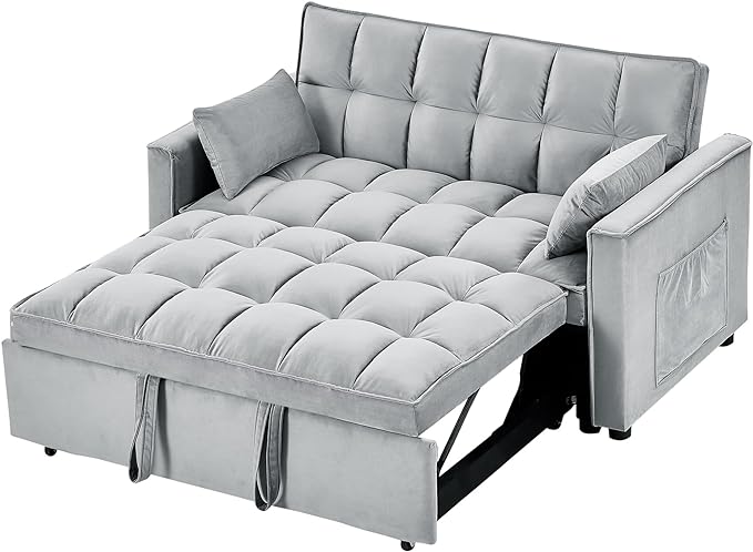 Full Size Pull 3 in 1 Convertible, Fluffy Velvet Loveseat Cama, Lounge Sleeper Sofa with Pullout Bed, Small Futon Couch for Living Room, Bedroom, 55" W, Grey - LeafyLoom