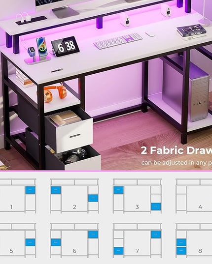 GreenForest Computer Desk with 2 Drawers and Power Outlets,50 Inch Office Desk with 2 Monitor Stands and Fabric File Cabinet, Reversible Gaming table with Led Lights and Shelves, Work Desk, White - LeafyLoom