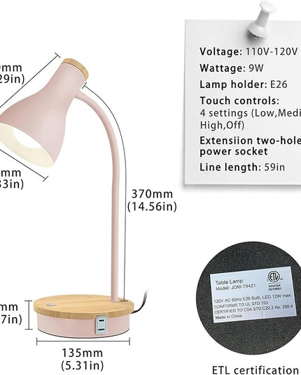 Metal Desk Lamp Touch Reading Lights Table Lamp Arc Desk Lamps for Bedroom, 3 Way Dimmable Bedside Lamp with USB Charging Ports, Reading Lamp for Study Room and Office (Pink-02) - LeafyLoom