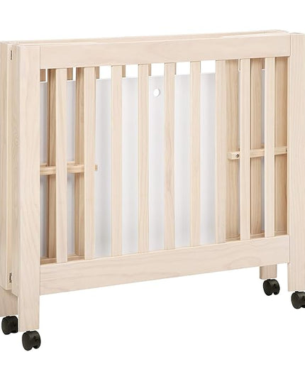 Babyletto Origami Mini Portable Crib Folding with Wheels in Washed Natural, 2 Adjustable Mattress Positions, Greenguard Gold Certified - LeafyLoom