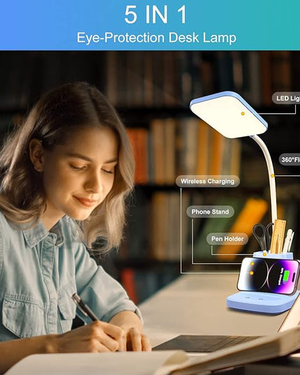 Sailstar Small Desk Lamp, Kids Desk Lamp with Pen Holder, Wireless Charger LED Desk Lamps for Home Office, 800LM Gooseneck 3 Modes Dimmable Touch Cute Desk Lamp, Blue Study Lamp for College Dorm Room - LeafyLoom