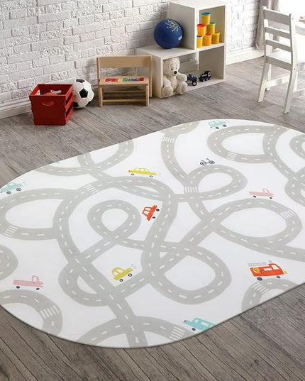 Road Traffic Kids Rug Children Playing with Cars Playmat 4x6 Ft, Washable Play Carpet for Kids Playroom, Non-Slip Have Fun Safe Baby Nursery Rug for Toddler Boy's Bedroom Game Room Grey - LeafyLoom