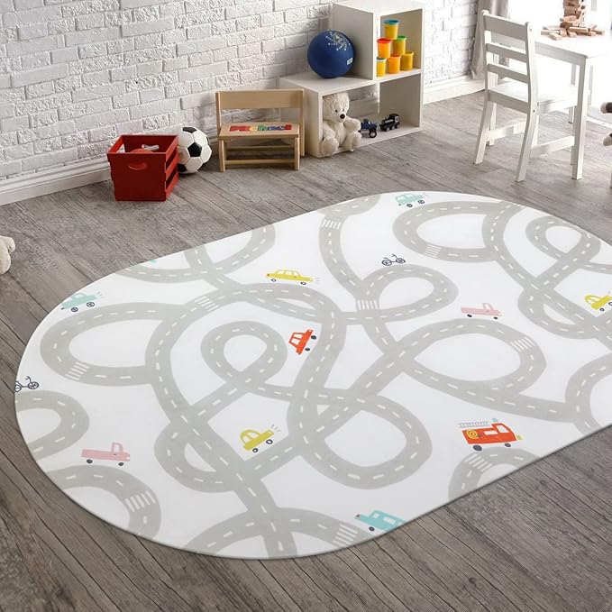 Road Traffic Kids Rug Children Playing with Cars Playmat 4x6 Ft, Washable Play Carpet for Kids Playroom, Non-Slip Have Fun Safe Baby Nursery Rug for Toddler Boy's Bedroom Game Room Grey - LeafyLoom