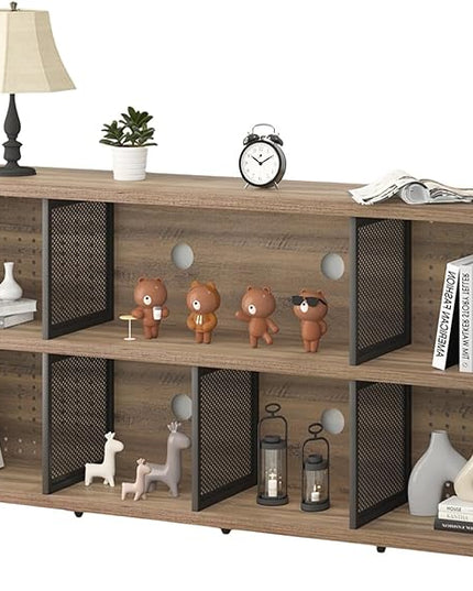 LVB Industrial Horizontal Bookshelf, 4 5 6 7 8 Cube Storage Organizer Bookcase, Modern Wide Large Book Shelf for Bedroom Living Room, Rustic Low Long Wood Metal Office Cubby Shelf, Rustic Oak, 63 Inch - LeafyLoom