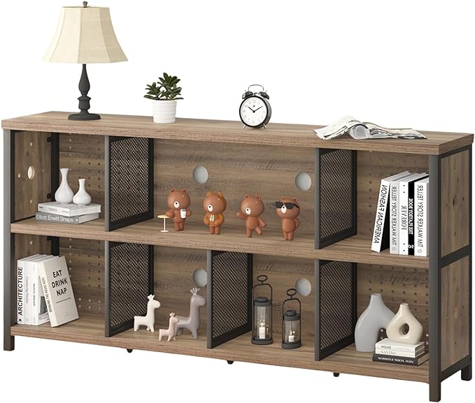 LVB Industrial Horizontal Bookshelf, 4 5 6 7 8 Cube Storage Organizer Bookcase, Modern Wide Large Book Shelf for Bedroom Living Room, Rustic Low Long Wood Metal Office Cubby Shelf, Rustic Oak, 63 Inch - LeafyLoom