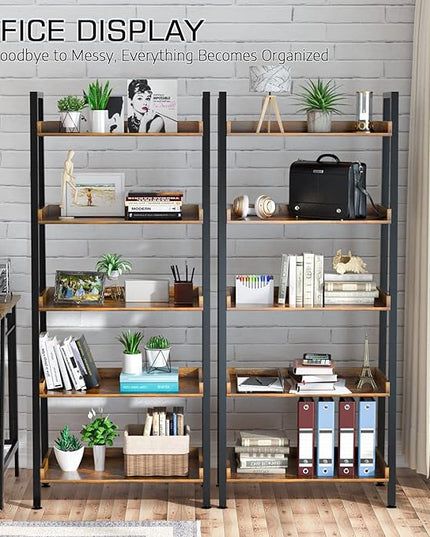 ASTARTH Ladder Shelf-5 Tier Bookshelves w/Open Shelf for Storage, Industrial Bookshelf & Tall Ladder Shelf-Metal Frame for Bedroom, Living Room, Kitchen-67.3'' H, Easy Assembly, Rustic Brown - LeafyLoom
