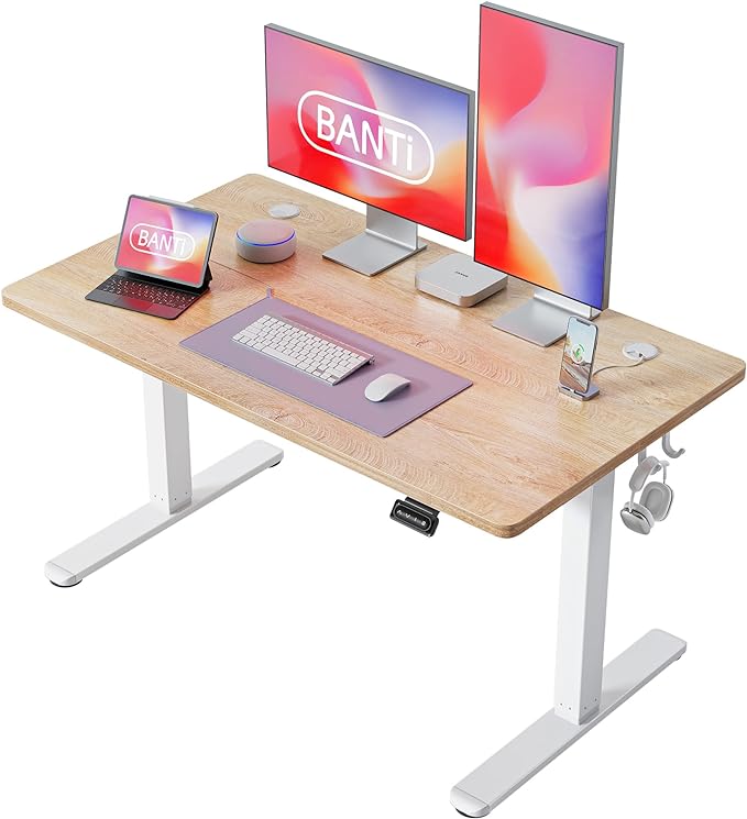 BANTI 48'' Standing Desk, Electric Stand up Height Adjustable Home Office Table, Sit Stand Desk with Splice Board, Maple - LeafyLoom