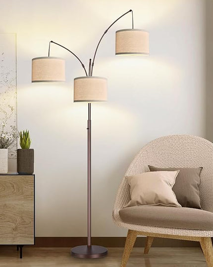 Dimmable Floor Lamp - 3 Lights Arc Floor Lamps for Living Room, 1000LM Modern Tall Standing Lamp With Beige Shades, Mid Century Tree Floor Lamp for Bedroom Office, 3 LED Bulbs Included - Brown - LeafyLoom