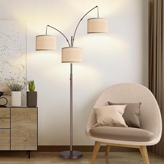 Dimmable Floor Lamp - 3 Lights Arc Floor Lamps for Living Room, 1000LM Modern Tall Standing Lamp With Beige Shades, Mid Century Tree Floor Lamp for Bedroom Office, 3 LED Bulbs Included - Brown - LeafyLoom