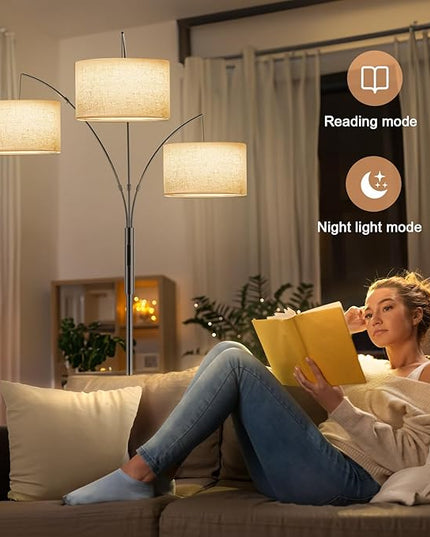 36W LED Arc Floor Lamp with 3 Fabric Shades, 3000LM Super Bright Standing Lamp with Remote Control & Touch, Stepless Dimming, Individual Light Control for Living Room, Bedroom - LeafyLoom