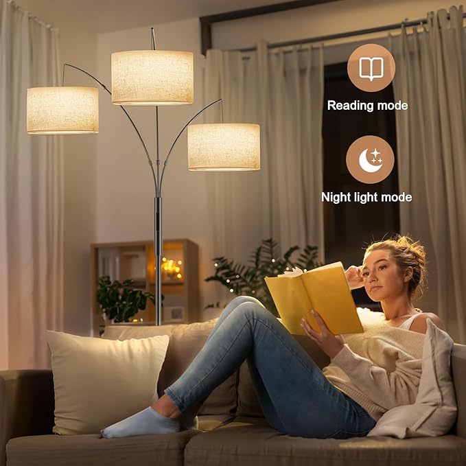36W LED Arc Floor Lamp with 3 Fabric Shades, 3000LM Super Bright Standing Lamp with Remote Control & Touch, Stepless Dimming, Individual Light Control for Living Room, Bedroom - LeafyLoom