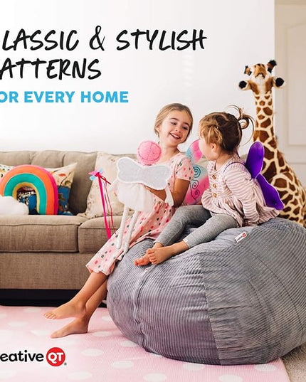 Creative QT Stuff ’n Sit Extra Large 38’’ Bean Bag Storage Cover for Stuffed Animals & Toys, Giant Beanbag Chair for Plush, Toddler & Kids Rooms Bedroom Organizer, Light Gray Corduroy - LeafyLoom