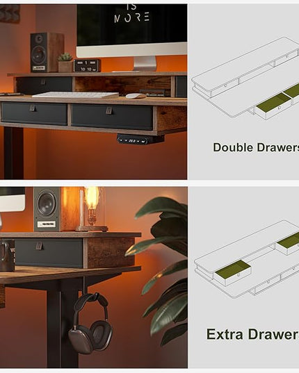 BANTI Height Adjustable Electric Standing Desk with 4 Drawers, 48 x 24 Inch Table with Storage Shelf, Sit Stand Desk, Rustic Brown Top - LeafyLoom
