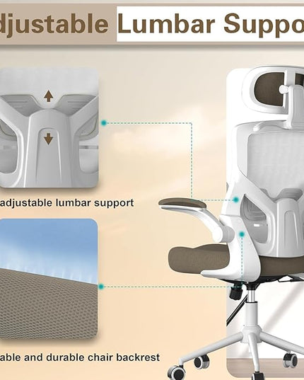 Ergonomic Office Chair, High Back Mesh Desk Chair with Thick Molded Foam Cushion, Coat Hanger, Adjustable Headrest, Lumbar Support, Tilt & Lock Function - Task Computer Chair (Brown) - LeafyLoom