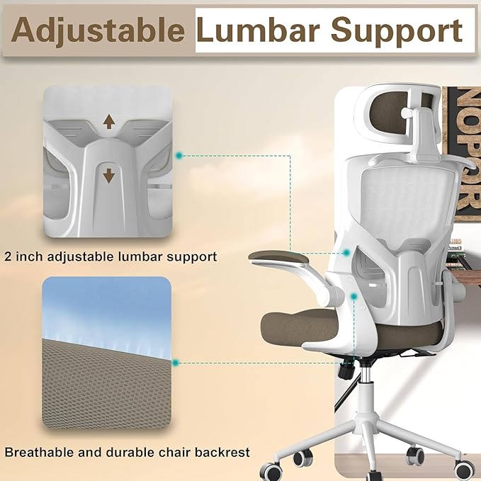 Ergonomic Office Chair, High Back Mesh Desk Chair with Thick Molded Foam Cushion, Coat Hanger, Adjustable Headrest, Lumbar Support, Tilt & Lock Function - Task Computer Chair (Brown) - LeafyLoom