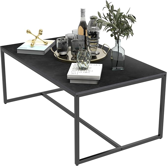 Wisfor Sintered Stone Coffee Table: Black Sofa Center Table with Black Metal Frame - Rectangular Furniture Decor Table for Living Room, 39.4x23.6x15.7 Inch - LeafyLoom