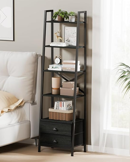 Furologee 5-Tier Ladder Shelf with 2 Drawers,Narrow Bookshelf Storage Shelves,Industrial Bookcase Freestanding Shelf Units for Bedroom,Living Room,Bathroom,Home Office,Balcony,Wood Metal, Black Oak - LeafyLoom