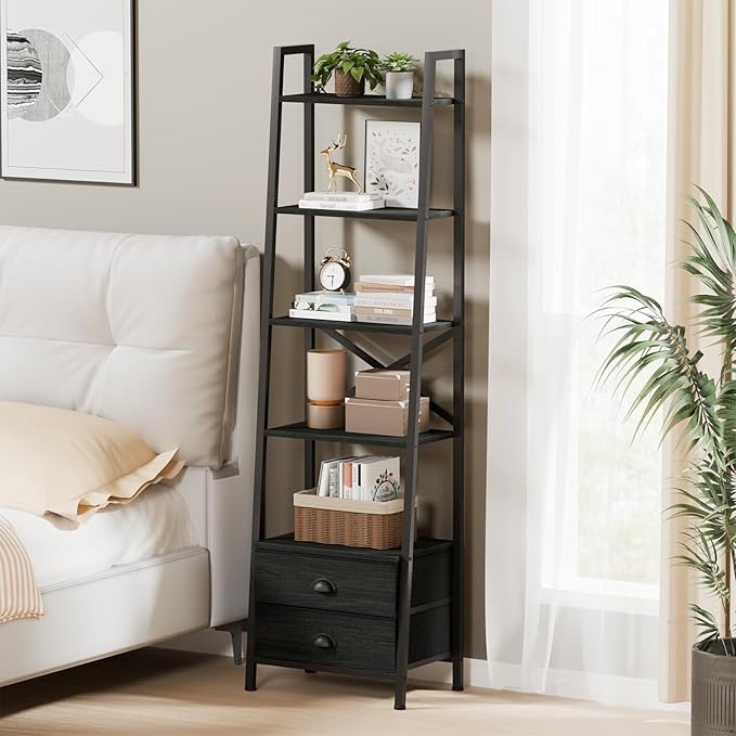 Furologee 5-Tier Ladder Shelf with 2 Drawers,Narrow Bookshelf Storage Shelves,Industrial Bookcase Freestanding Shelf Units for Bedroom,Living Room,Bathroom,Home Office,Balcony,Wood Metal, Black Oak - LeafyLoom