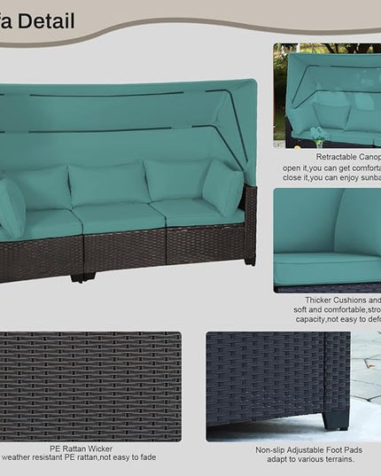 6 PCS Outdoor Patio Furniture Set,Sectional Sofa Set,Rattan Daybed with Retractable Canopy,Adjustable Backrest,Storage Coffee Table,Chaise Chair Sunbed for Garden Poolside Backyard(Walnut Green) - LeafyLoom