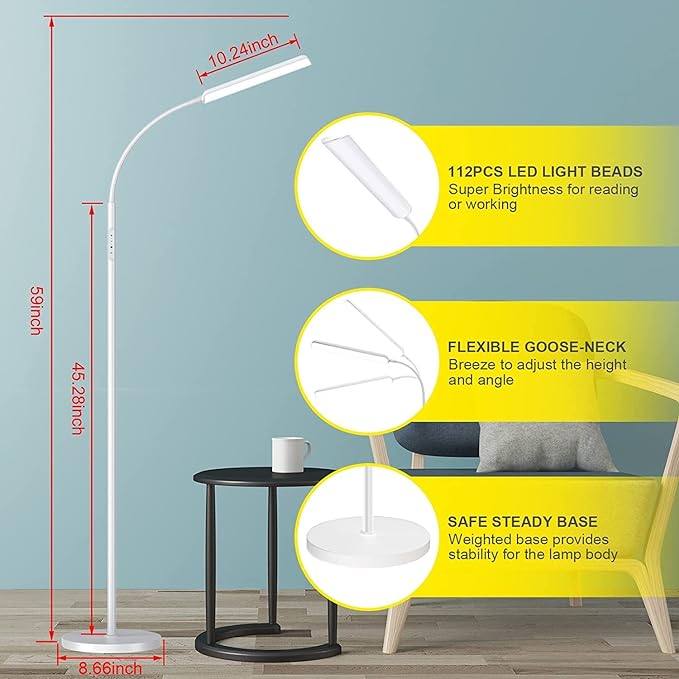 Dimunt Floor Lamp, Bright 15W Floor Lamps for Living Room with 1H Timer, Dimmable LED Floor Lamps 3000K-6000K & Tall Standing Lamp with Remote & Touch Control Reading Floor Lamps for Bedroom-White - LeafyLoom