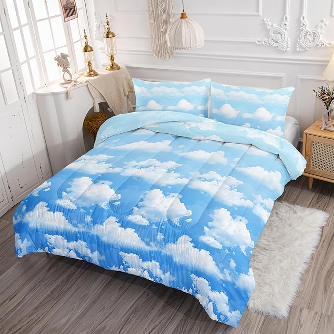 Axolotl Blue Cloud Comforter Set Queen,Light Blue Bedding Set,Cloud Sky Comforter Set Blue Sky and White Clouds Design Bedding Set,Sky Blue Comforter for Kids Girls Boys Teens,1 Quilt 2 Pillowcases - LeafyLoom