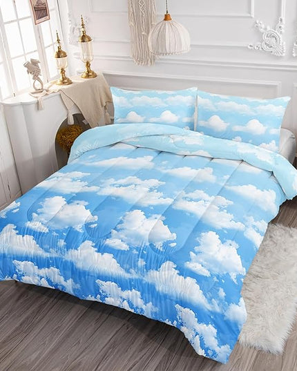 Axolotl Blue Cloud Comforter Set Twin,Light Blue Bedding Set,Cloud Sky Comforter Set Blue Sky and White Clouds Design Bedding Set,Sky Blue Comforter for Kids Girls Boys Teens,1 Quilt 2 Pillowcases - LeafyLoom