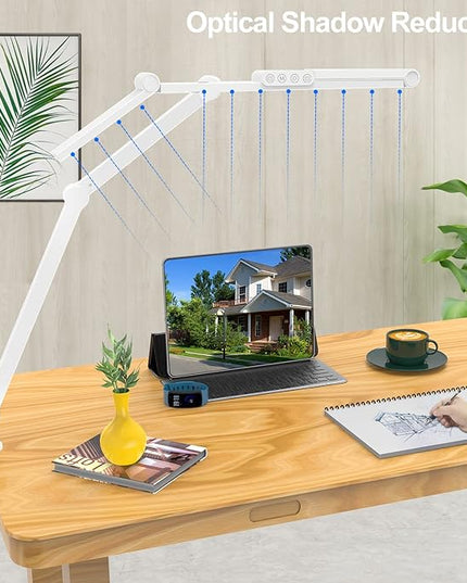 Micomlan Led Desk Lamp for Home Office, White Architect Desk Lamp with Clamp for Crafting, 24W Bright Rotatable Led Desk Light Stepless Dimming Tempering Wide Table Light with Atmosphere Lighting - LeafyLoom
